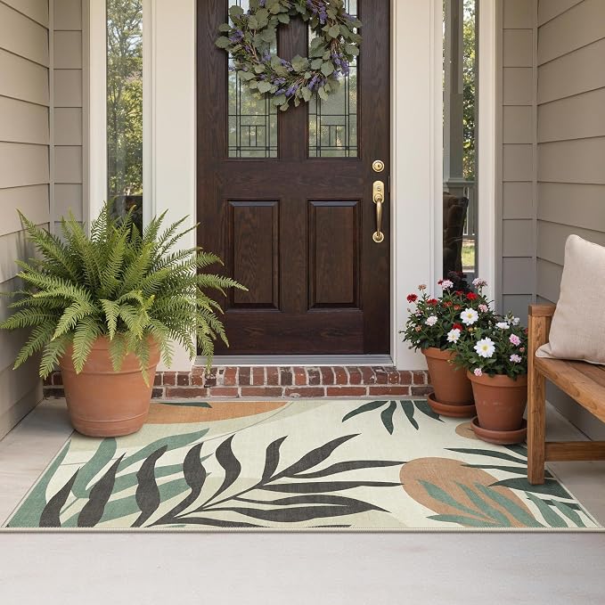 GENIMO 3x5 Outdoor Rug, Washable for Porch and Balcony, Beige Olive | Botanical leaf design for entryway; fade resistant chenille with quick-dry non-slip backing for indoor mudroom.