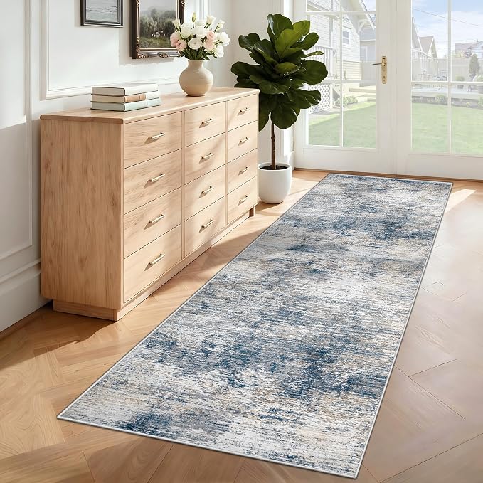 XLUEZ 2x7 Runner Rug for Hallway, Washable Modern Abstract Runner Rugs Neutral Soft Non Slip Kids Rug Stain Resistant Indoor Runners for Entryway Bedroom Kitchen Laundry Room(BlueWhite, 2'x7')
