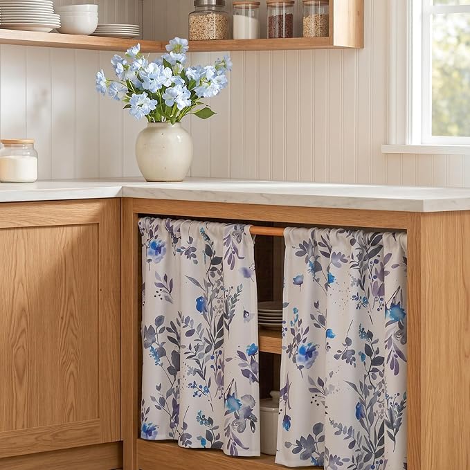 MYSKY HOME Floral Kitchen Tier Cafe Curtains 24 Inch Length 2 Panels Privacy Small Window Treatments Rod Pocket for Bathroom Basement, Blue, 30 inch Wide Each Panel
