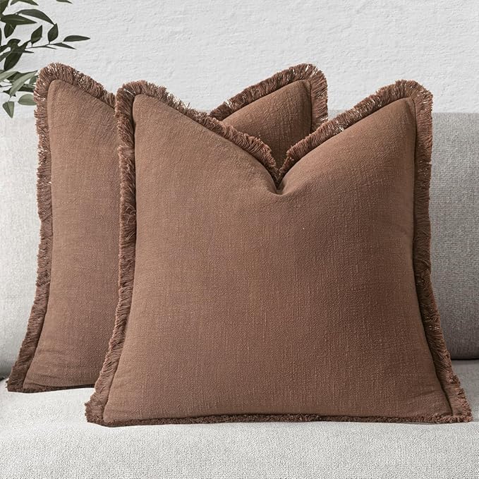 MIULEE Decorative Throw Pillow Covers Neutral Linen Fringe Throw Pillows Euro Shams Set of 2 Dark Coffee Boho Farmhouse Cushion Covers for Couch Sofa Bed Living Room Fall Home Decor 22x22 Inch