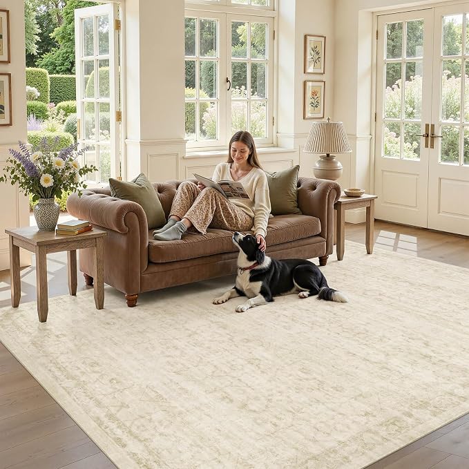 Nakagishi 6X9 Area Rugs Living Room: Washable Large Vintage Rug Neutral Non-Slip Soft Stain Resistant Indoor Carpet for Bedroom Nursery Dining Room Office Playroom - Vintage Beige