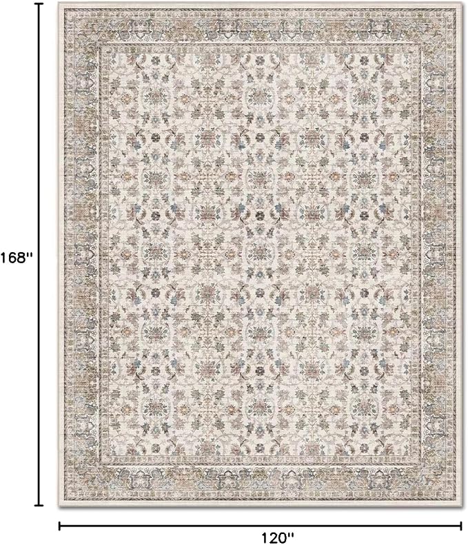 Boho Washable 10x14 Area Rugs for Living Room, Cushioned, Cream/Blue | Vintage Non-slip Neutral Oriental Rugs for Bedroom Dining Room Nursery Office High Traffic Area