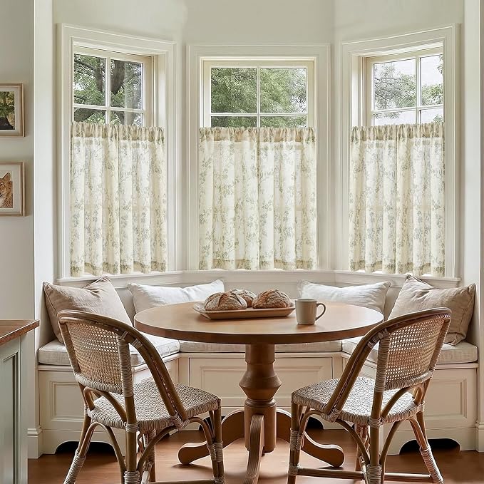 Lazzzy Elisa Floral Kitchen Curtains 36 Inch Linen Cafe Curtains Farmhouse Half Window Drapes Over Sink Light Filtering for Small Windows Rod Pocket Back Tab 2 Panels Green on Beige