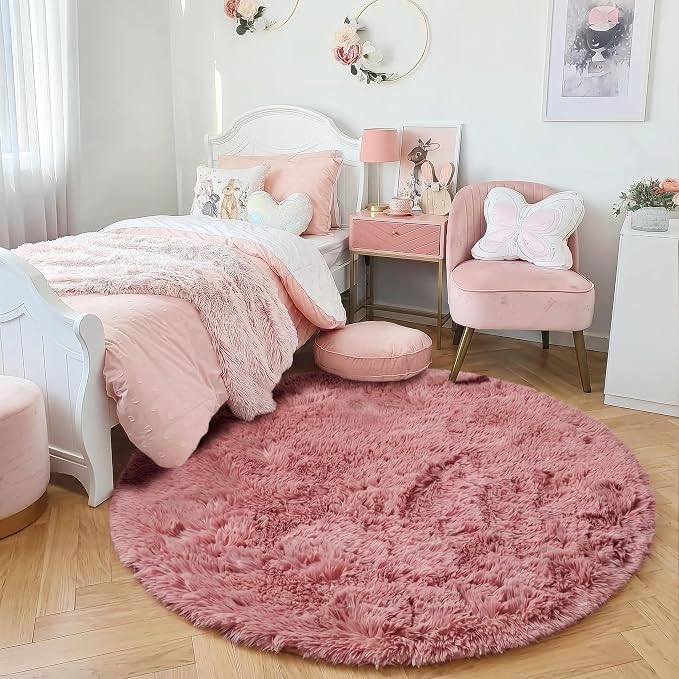 Amdrebio Blush Pink Fluffy Round Rug 4Ft for Bedroom, Fuzzy Furry Circle Area Rugs for Kids Room Decor Aesthetic, Shaggy Circular Carpet for Baby Girls Nursery Dorm, Cute Neutral Dusty Rose Mauve Rug
