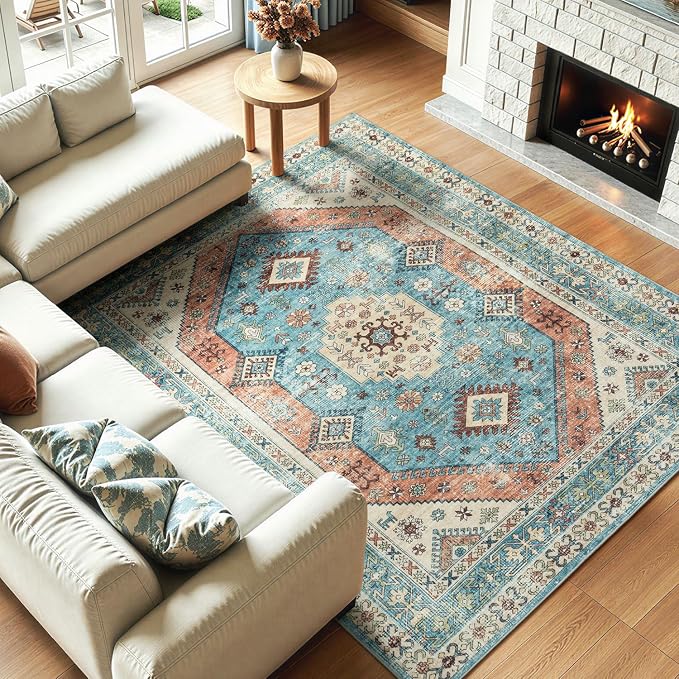 Lofus Vintage Living Room Rugs 5x7, Soft Machine Washable Area Rug for Bedroom Indoor Floor Home Office House Decor, Oriental Traditional Distressed Farmhouse Carpet, Boho Terracotta and Blue