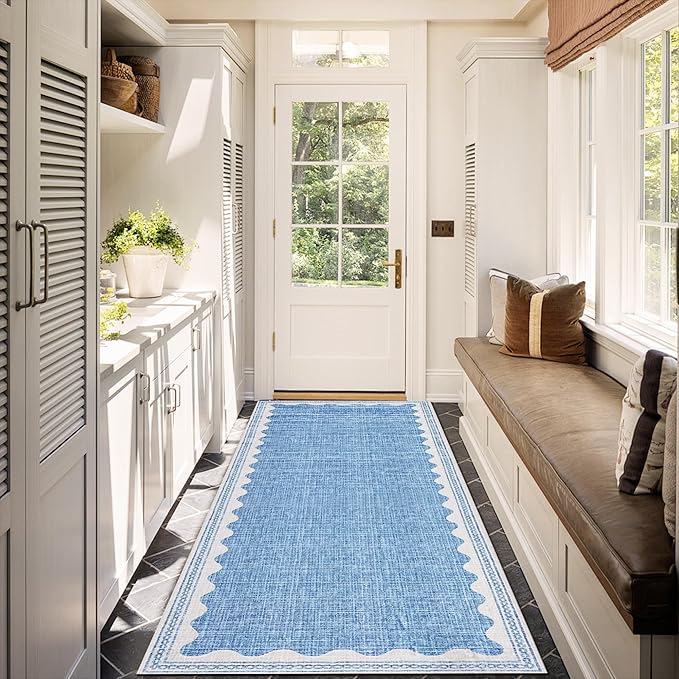 GarveeHome 2x10 Runner Rug for Hallway Washable Kitchen Rugs Non Slip Solid Blue Modern Minimalism Soft Low-Pile Scalloped Indoor Carpet for Entryway Laundry Room Floor Mats