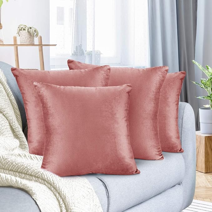 Nestl Throw Pillow Covers, Cozy Velvet Decorative Outdoor Pillow Covers 20X20 Inches, Soft Solid Cushion Covers for Sofa, Bed and Car, Set of 4 - Misty Rose