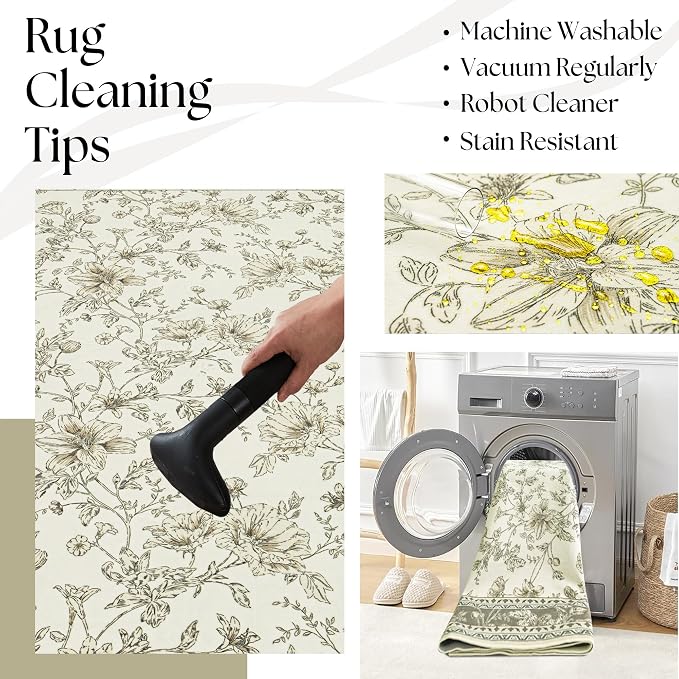Beige and Taupe Farmhouse Washable 9x12 Area Rugs for Living Dining Room Bedroom Office Kitchen Table Large Rug for Under Table, Light Tan Cream Khaki Sketch Pattern Floral Vintage Boho Home Decor