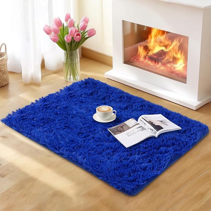 Small Throw Fluffy Shag Blue Area Rug for Bedroom Boys Kids, 2x3 | Ultra Soft Comfy, Fuzzy Plush Carpet for Living Room Nursery Girls Teen Dorm, Modern Indoor Home Decor, Upgrade Non-Slip