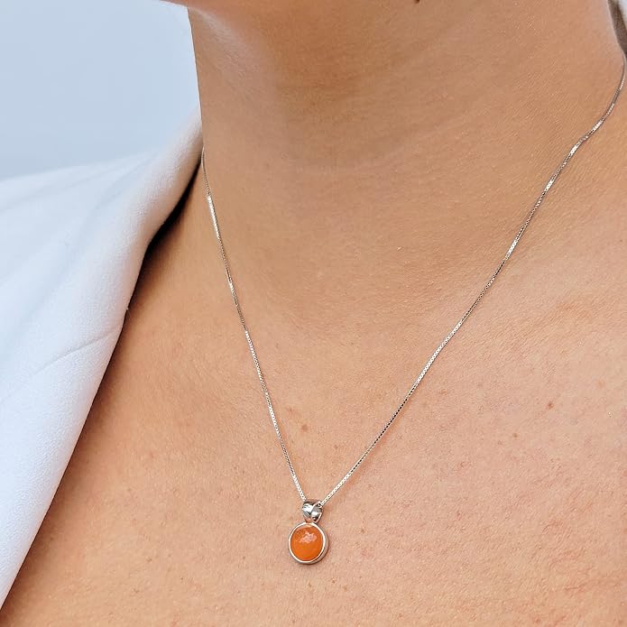 Natural gemstone 8mm round pendant with white gold over 925 sterling silver bezel cabochon plate and box chain, real genuine dainty birthstone gift for her, uniquelan jewelry