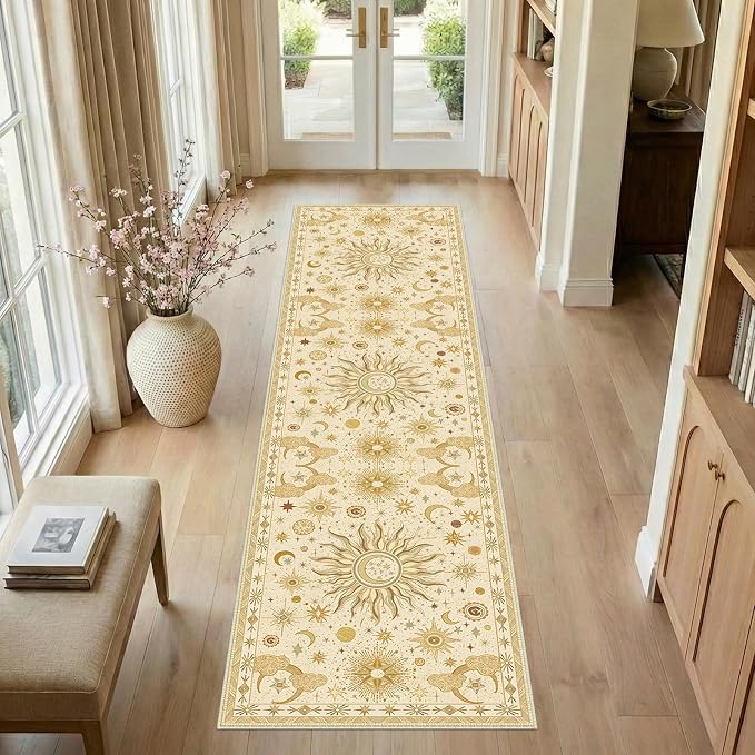 Vacuum-Friendly, 2x8 Washable Area Rug, Beige Camel Brown | Sun and Moon Boho Gothic Non-Slip Low Pile Living Roon Bedroom Dining Room Kitchen Entry Entryway Entrance Hallway Doormat