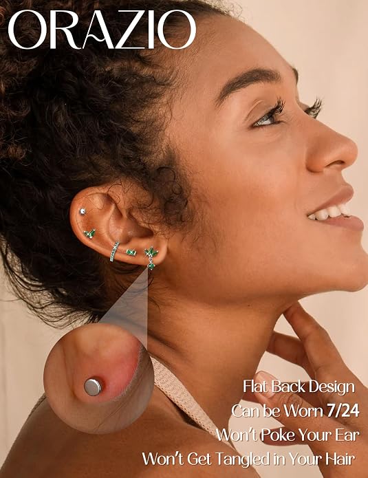ORAZIO 20G Helix Piercing Jewelry Flat Back Cartilage Earrings for Women Surgical Stainless Steel Hypoallergenic Hoop Stud Earrings Set Tragus Helix Piercing Jewelry for Sensitive Ears Single Pc