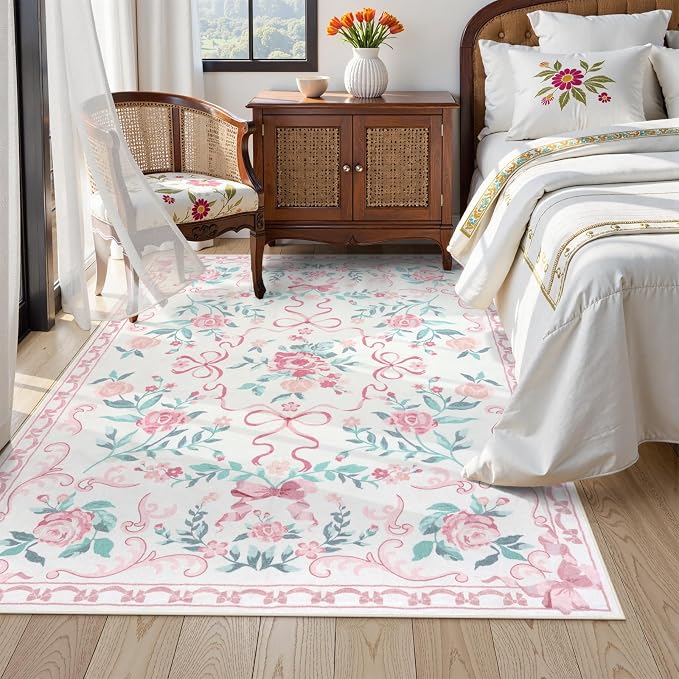 Collive Pink Rugs for Bedroom Girls, 4x6 Floral Washable Area Rug Non Slip, Soft Indoor Decor Elegant Carpet for Kids Room Nursery Living Room Dining Room (Pink 4' x 6')