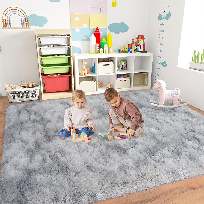 Dssimo 5x7 Area Rugs for Living Room, Gray Tie-Dyed Plush Fluffy Carpet | Upgrade Non-Slip Thick Large Gray Shag Rugs for Bedroom Nursery Kids Room Dorm Room Home Decor, Indoor Plush Floor Carpet