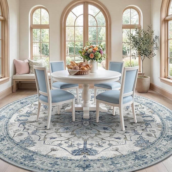 RELEANY Area Rugs Round 10ft Washable Non-Slip, Floral Vintage Distress Medallion Carpet for Living Room Bedroom Dining Room, Light Blue Navy Gray White