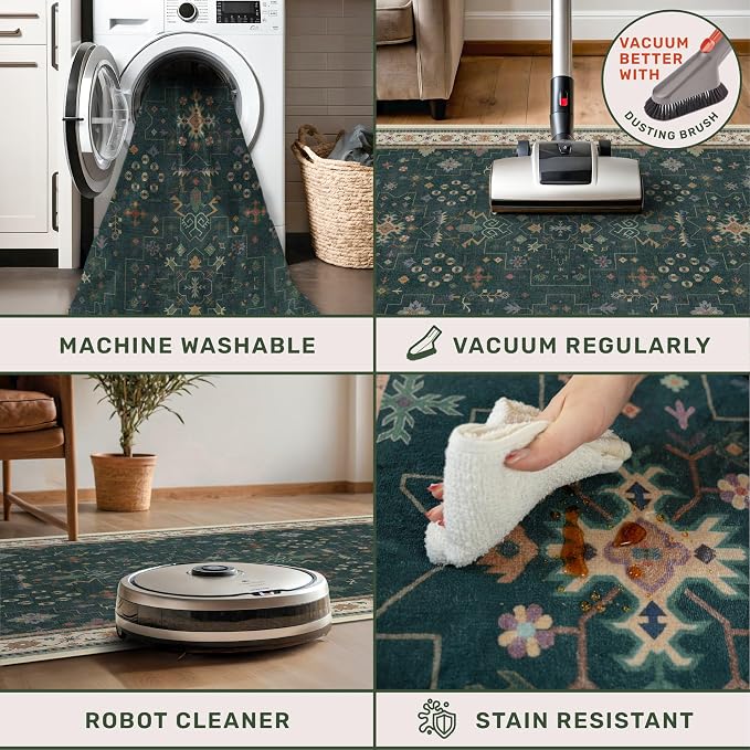 Hazo Haus Washable Dark Green Hallway Runner Rug 16 ft Long - 3x16 Modern Vintage Boho Long Wide Runner Rugs for Kitchen, Non-Slip Stain Resistant Low Pile Throw Rug Indoor Door Mat