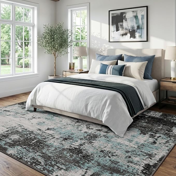 RELEANY Washable Area Rugs 9'x12' Non-Slip Modern Abstract Soft for Living Room Entryway Bedroom Kitchen, Print Pattern, Blue Black Teal