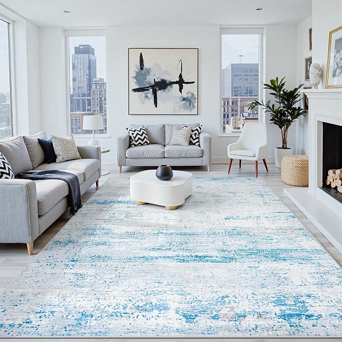 10x12 Area Rugs Washable Rug: Anti-Skid Abstract Modern Living Room Rug Soft Thin Carpets Indoor Floor Non-Shedding Carpet for Bedroom Dining Nursery Home Office (Light Blue/White/Beige,10'x12')