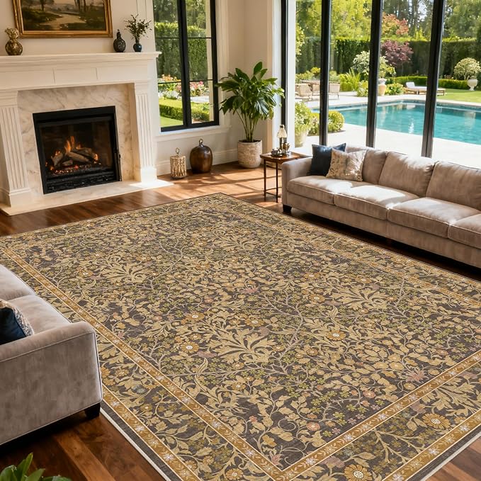 9x12 Washable Area Rugs for Living Room, Stain Resistant Vintage Rugs for Dining Room Under Kitchen Table, Bedroom, Floral Low Pile Non-Slip Large Carpet (9 x 12 Goldenrod)