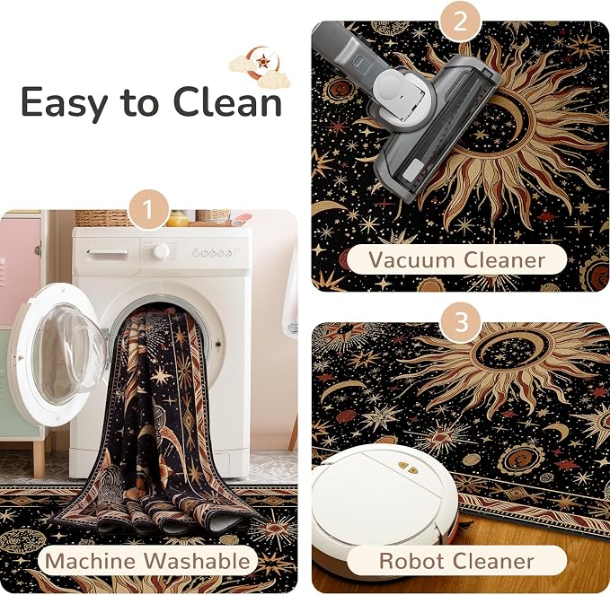 Vacuum-Friendly, 8x10 Washable Area Rug, Black Gold Beige Red | Sun and Moon Boho Gothic Non-Slip Low Pile Living Roon Bedroom Dining Room Kitchen Entry Entryway Entrance Hallway Doormat