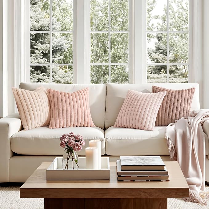 MIULEE Faux Fur Plush Decorative Throw Pillow Covers 16x16 Set of 4, Valentine's Day Cute Modern Soft Romantic Fuzzy Striped Cushion Covers for Sofa Couch Bed Living Room Cozy Home Decor,Pink
