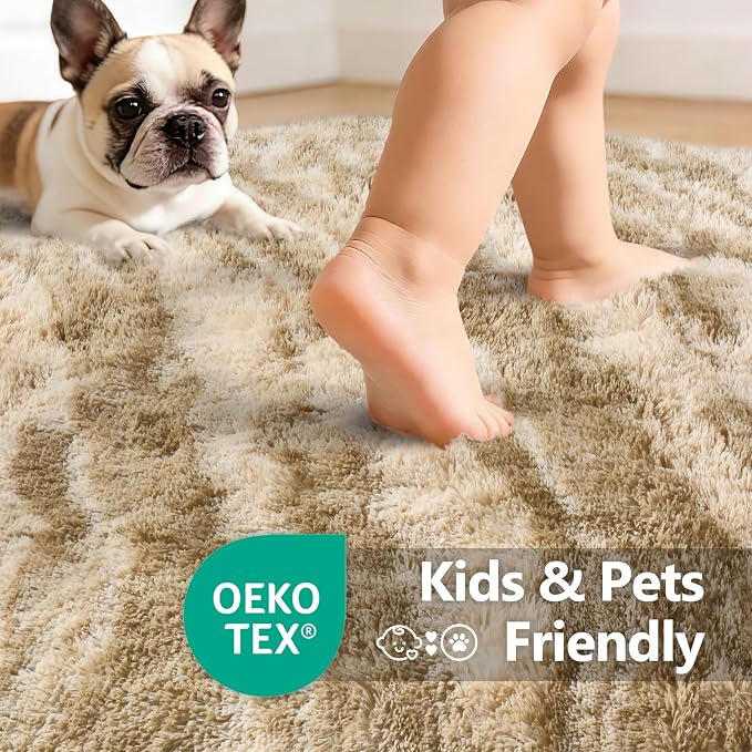 9x12 Extra Large Area Rugs for Living Room, Shaggy Non-Slip Tie-Dyed Rugs for Bedroom Kids Playroom Dorm Room, High Pile Ultra Soft Carpet, Khaki