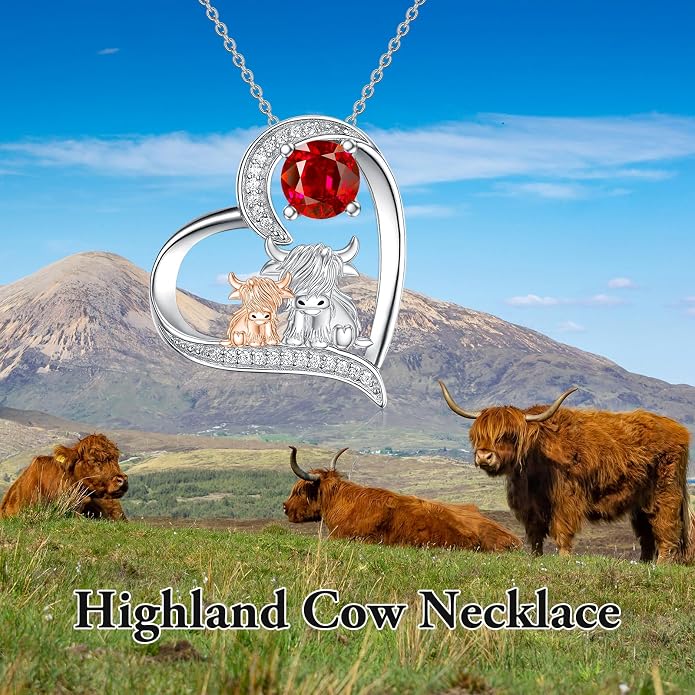 Highland Cow Gifts for Women 925 Sterling Silver Highland Cow Birthstone Necklace Fluffy Cow Jewelry Gifts Birthday Christmas
