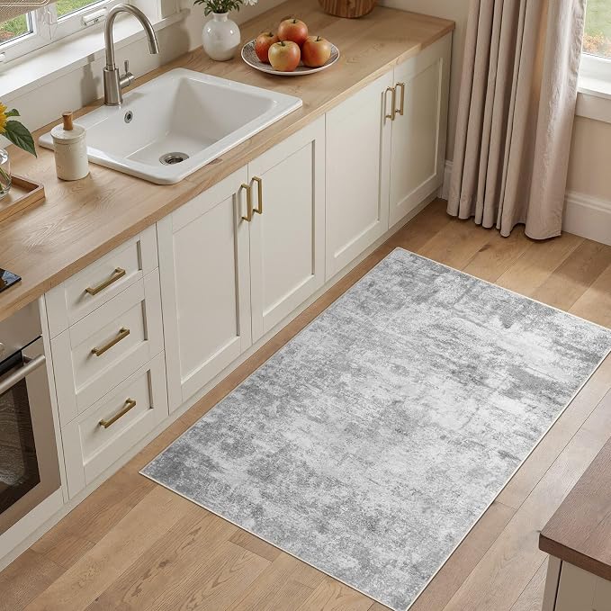 cotiled 3x5 Washable Rug Abstract Soft Non Slip Entryway Rugs | Stain Resistant, Robot Vacuum & Pet Friendly, Low-pile, For Living Room, Bedroom, Dining Table, Nursery Grey