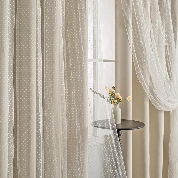 MYSKY HOME Beige Blackout Short Curtains for Bedroom with Polka Dots Sheer Overlay Boho Cream Elegante Nursery Girls Room Curtains 63 inch Long, Grommet Tops, 52" Wide Each Panel, 2 Panels