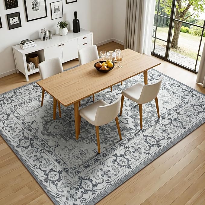 Lessymo 5x7 Area Rug for Living Room - Machine Washable Area Rugs, Super Soft Faux-Wool Area Rugs for Bedroom Kitchen, Boho Rug Vintage Floral Non-Slip Low Pile, Grey White