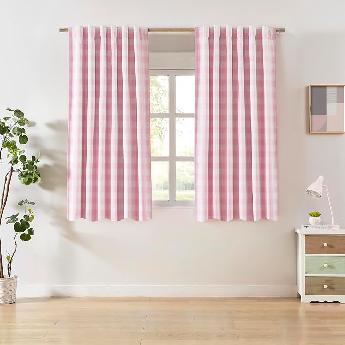 63 Inches Length Pink White Buffalo Plaid Curtains | Full Blackout Thermal Insulated Panels,Farmhouse Window Treatment for Bedroom Nursery Room,Rod Pocket Back Tabs,Pack of 2