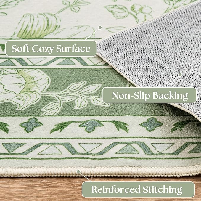 Sage Green Rugs for Bedroom 7x9 Area Rug for Living Room Machine Washable Light Green Cream Beige Printed Non-Slip Vintage Floral Distressed Indoor Boho Farmhouse Carpet for Dining Room Nursery