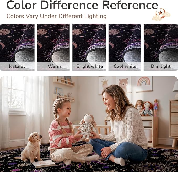 Vacuum-Friendly, 8x10 Washable Area Rug, Black Purple Beige | Sun and Moon Boho Gothic Non-Slip Low Pile Living Roon Bedroom Dining Room Kitchen Entry Entryway Entrance Hallway Doormat