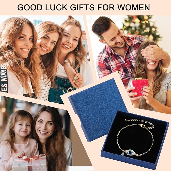 Evil Eye Bracelets for Women Gold Plated Dainty Chain Zirconia Turquoise Charm Adjustable Protective Lucky Link Bracelet Jewelry for Best Friends Sister Travel Birthday Just Because Gift