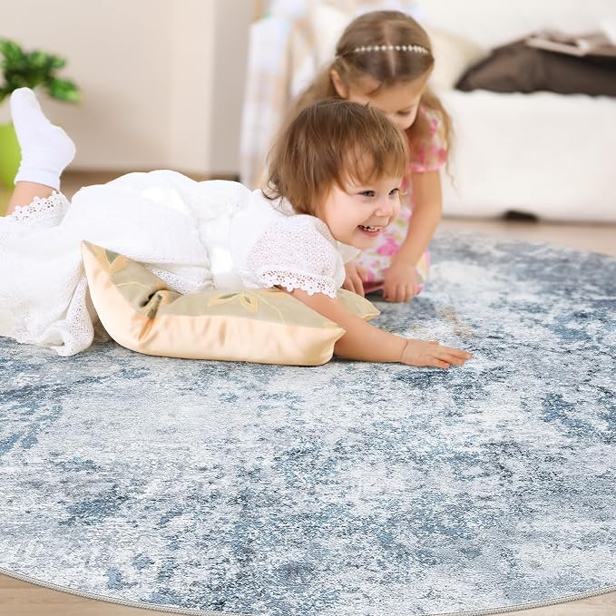 DMOYEST 8ft Round Area Rug for Living Room - 8x8 Washable & Non Slip Circle Rug, Kid & Pet Friendly Soft Low Pile Abstract Carpet for Bedroom and Dining Room - Blue