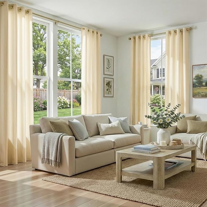 Vangao Linen Striped Curtains for Living Room Bedroom Farmhouse Tickingstripe Light Filtering Window Curtains Printed Drapes Grommet Top 2 Panels Mustard Yellow on Off White W50 x L96 Inch