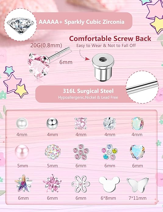CASSIECA 16 Pairs Hypoallergenic Screw Back Earrings for Women Girls 316L Stainless Steel CZ Ball Heart Flower Screwback Flat Back Stud Earrings Jewelry Gift Women Multicolored Pink