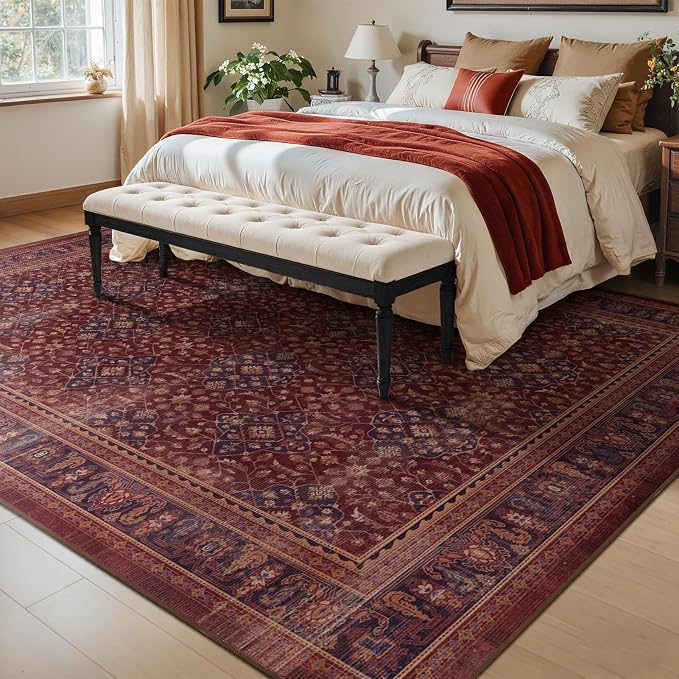 Amber Red Living Room Rug 8x10, Earth Tone Vintage Bedroom Rug with Boho Floral Trellis Purple Accents, Non Slip Washable Low Pile Thin Carpet Rug for Dining Room/Guest Room/Home Office