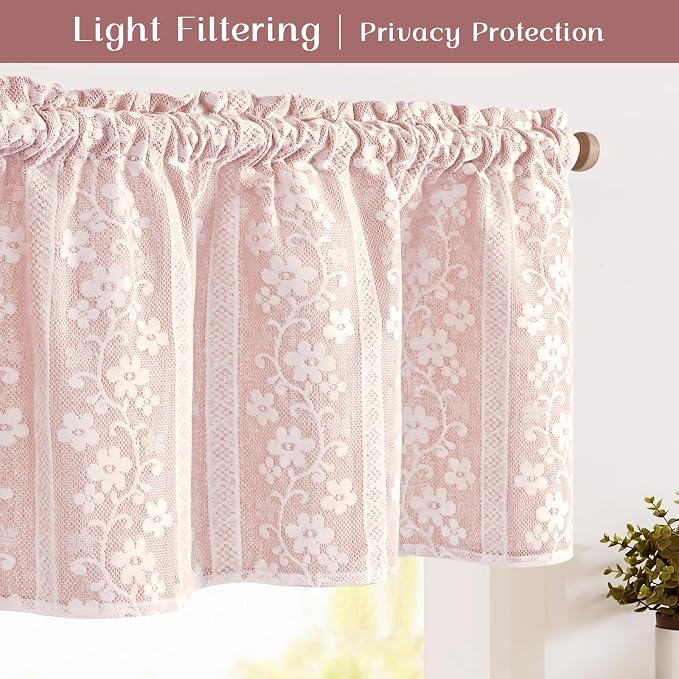 ASPMIZ Linen Valances for Windows Farmhouse, Double Layers Kitchen Curtains with Linen and Lace, Rustic Valance Curtains for Small Window, Kitchen, Bathroom, Cafe, 52 x 18 Inch Rod Pocket, Pink