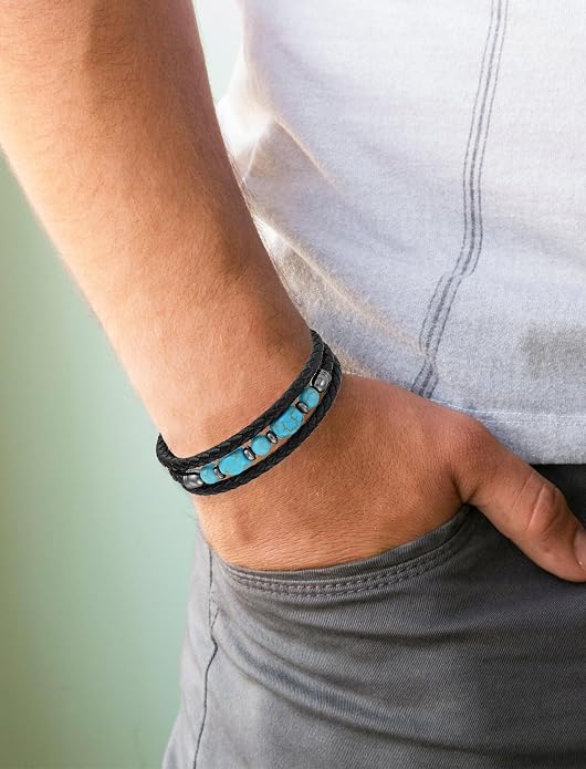 Mens Turquoise/Lapis Lazuli/Tiger Eye/Black Agate/Obsidian Leather Braided Bracelets for Father's Day/Birthdays/Graduation Jewelry Wristband Cuff Bracelet with Stainless Steel Clasp