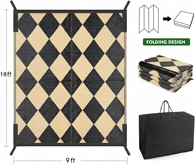 fifame Outdoor Camping Rugs, 9x18 Outdoor Rug Patios Clearance Plastic Straw Rug Weatherproof Reversible Mats, Large Floor Mat for Outdoors, RV, Patio, Backyard, Deck, Picnic, Beach, Trailer, Camping
