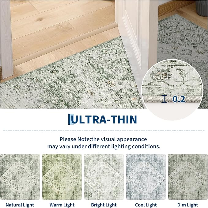 Garvee Sage Green 10x13 Area Rugs for Living Room, Boho Vintage Non-Slip Washable Rug Low Pile Stain Resistant Soft Foldable Large Carpet for Bedroom Dining Home Decor