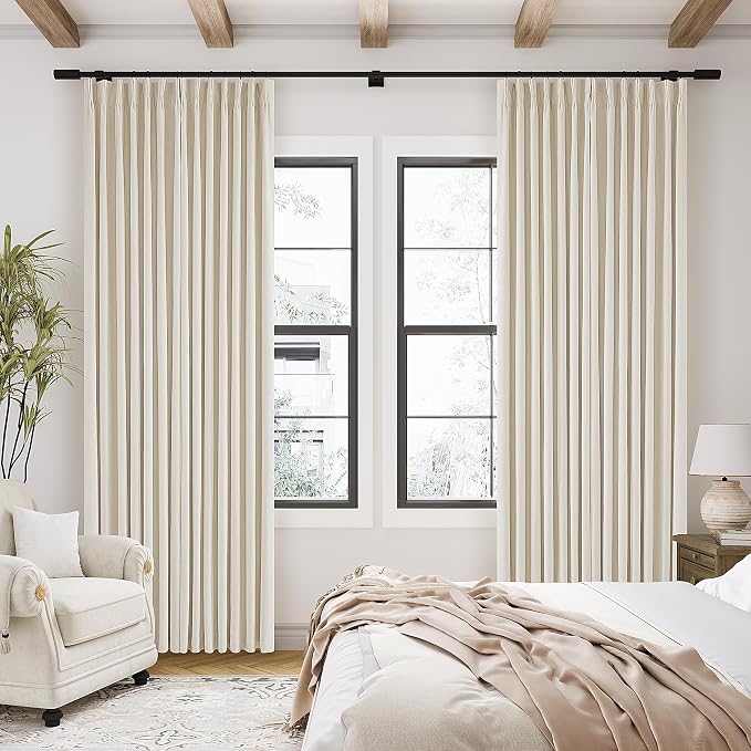 Cream Beige 100% Black Out Pinch Pleat Curtains 80 Inch Length 2 Panels | 2 Layer for 100% Blackout, Pinch Pleated with Hooks Rings Track Back Tab, Heat Blocking Soundproof, for Bedroom Living Room