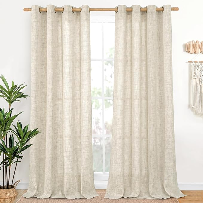 YoungsTex Extra Long Linen Curtains for Living Room with Grommet 2 Panels | 95 Inch Length Semi Sheer Drapes Rustic Privacy for Dining Bedroom Window Light Filtering, 52 x 95 Inch