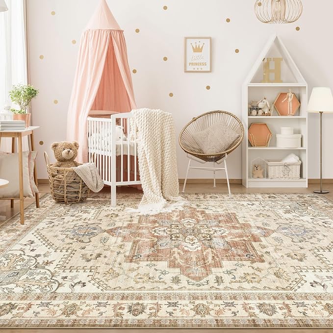 Tortania Area Rug Living Room Rugs - 8x10 Washable Boho Rug Vintage Oriental Distressed Farmhouse Large Thin Indoor Carpet for Living Room Bedroom Under Dining Table Home Office - Rust/Cream
