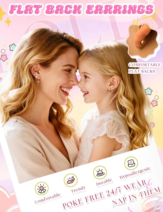 LOLIAS Hypoallergenic Earrings for Girls Flat Back-Stainless Surgical Steel Earrings for Sensitive Ears Women Cute Hoops Flatback Studs Screw Back Toddler Kids Teen Girls Earrings Jewelry