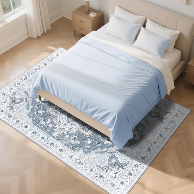 6x9 Area Rugs for Living Room, Soft Non-Slip Vintage Medallion Rug, Low-Pile Printed Washable Blue Gray Rug for Living Room, Bedroom, Dining Room, Nursery -Blue/Gray | TTelephant Soft Low-Pile Printed Washable Blue Gray Rug for Living Room, Bedroom, Di...