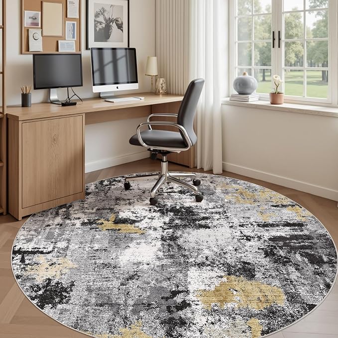 Abstract 8FT Round Rug: Machine Washable Non Slip Ultra Thin Low-Pile Carpet, Soft Stain Resistant for Living Dining Room Bedroom, Kid Pet Friendly, Robot Vacuum Compatible - Black Gold