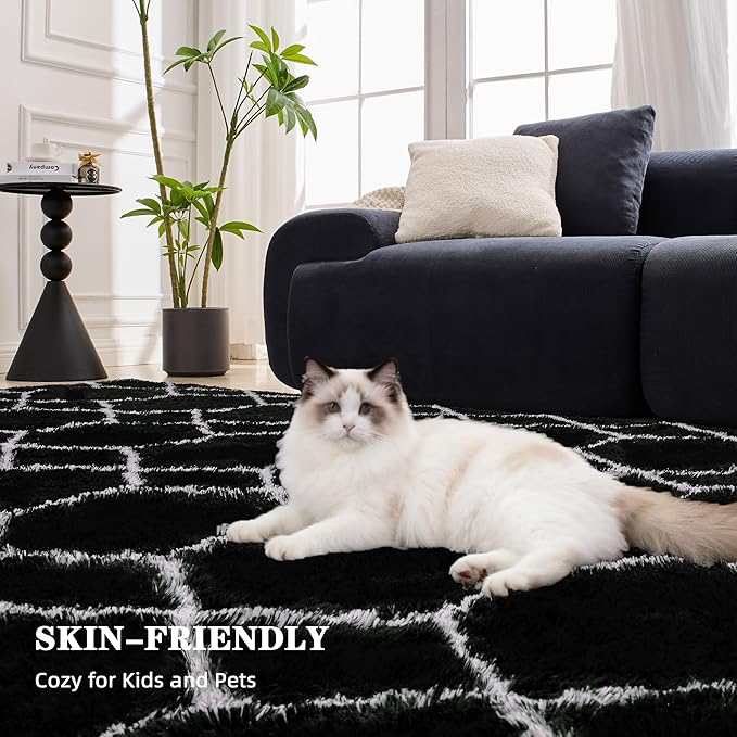 Fluffy Rug for Bedroom, Soft 4x6 Black Shag Plush Geometric Area Rugs | Modern Black and White Rug, Non Slip Carpet for Living Room, Aesthetic Home Decor, Fuzzy Floor Mat for Nursery Teen Dorm