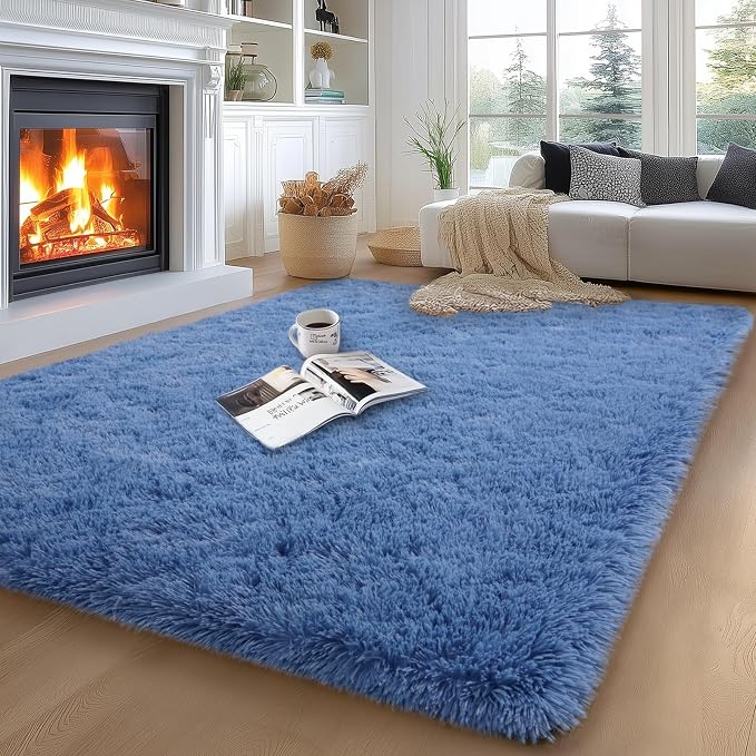 qulint Blue Rug for Living Room 5x7, Large Fluffy 5x7 Area Rug for Bedroom Soft Shaggy Rug for Nursery, Fuzzy Plush Modern Carpet for Boys and Girls Dorm Playroom Home Decor (5ft x 7ft, Blue)